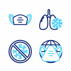 Set line Earth with medical mask, Stop virus, Virus cells in lung and Medical protective icon. Vector