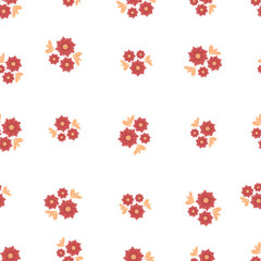 Seamless botanical ornament pattern with autumn small abstract red flowers in warm pastel colors isolated on white background in flat cartoon style