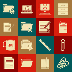 Set Paper clip, File document and paper, Computer with keyboard x mark, Delete folder, Blank notebook pen, Folder settings gears and pencil eraser icon. Vector