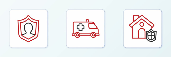 Set line House with shield, Life insurance and Emergency car icon. Vector