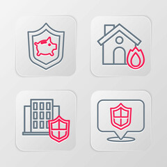 Set line Location shield, House with, Fire in burning house and Piggy bank icon. Vector