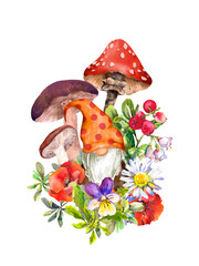 Adorable gnome with mushroom, summer flowers card. Watercolor woodland, forest design illustration - 516717089