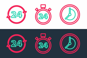 Set line Clock, 24 hours and Stopwatch icon. Vector