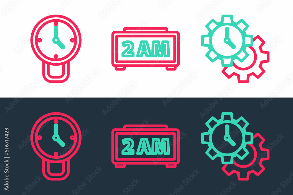 Poster set line time management, clock and digital alarm clock icon. vector