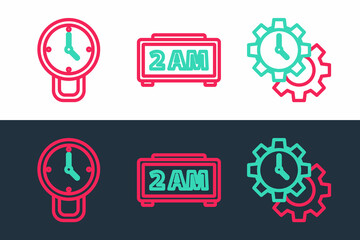 Set line Time Management, Clock and Digital alarm clock icon. Vector
