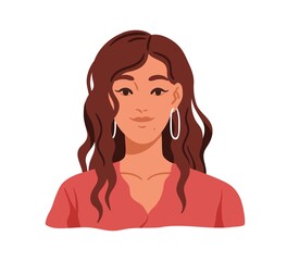 Young woman face portrait. Happy girl with fashion curly wavy hair styling, makeup with arrows and earrings. Pretty female with light curls. Flat vector illustration isolated on white background