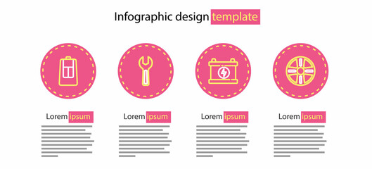 Set line Car battery, Alloy wheel, Wrench spanner and key with remote icon. Vector