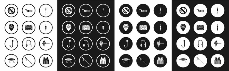 Set Fishing hook and float, Calendar with fish, Location fishing, No, Spinning reel for, net and icon. Vector