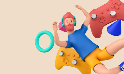 Video game concept. Young gamer surrounded by games controller and abstract shapes. 3D Rendering
