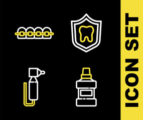Set line Dental protection, Mouthwash bottle, Tooth drill and Teeth with braces icon. Vector