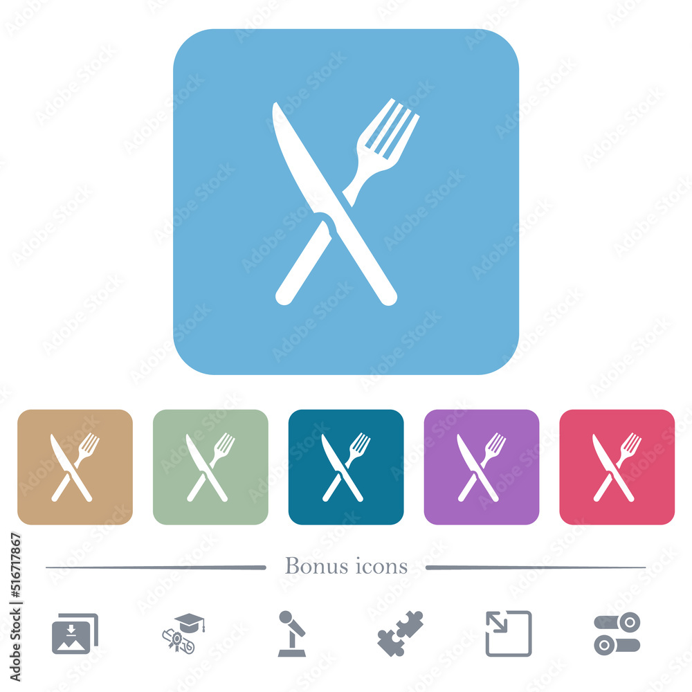 Poster fork and knife in crossed position flat icons on color rounded square backgrounds
