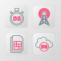 Set line Cloud 5G network, Sim card, Antenna and Digital speed meter icon. Vector