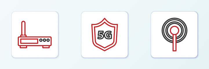 Set line Antenna, Router and wi-fi signal and Protective shield 5G icon. Vector