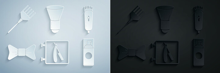 Set Barbershop with razor, Electrical hair clipper shaver, Bow tie, Shaving gel foam, brush and Hairbrush icon. Vector