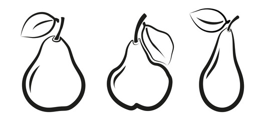 Vector Set of pears - three pear varieties - black art lines on white background images. Illustration isolated, easy to edit and ready to use icons. A collection in various drawings, paintings, pics.