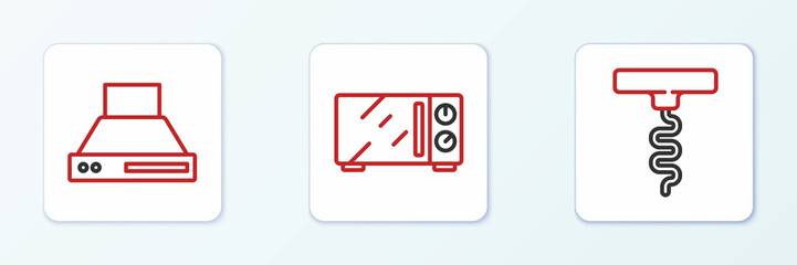 Set line Wine corkscrew, Kitchen extractor fan and Microwave oven icon. Vector