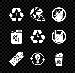 Set Recycle symbol and leaf, Planet earth recycling, No trash, Stop ocean plastic pollution, light bulb with lightning, bin recycle, Bio fuel canister and Battery icon. Vector