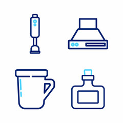 Set line Sauce bottle, Coffee cup, Kitchen extractor fan and Blender icon. Vector