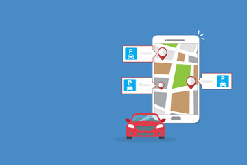Fototapeta na wymiar Online application for finding parking spaces, city parking. Smart city parking mobile app concept. Urban traffic technology
