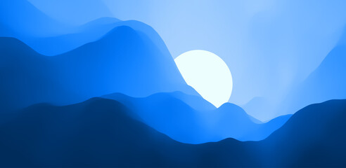 Blue abstract background. Water surface. Sky with clouds. Landscape with mountains. Vector illustration for design.