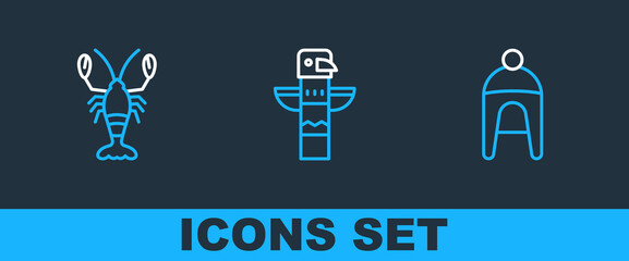 Set line Winter hat, Lobster and Canadian totem pole icon. Vector