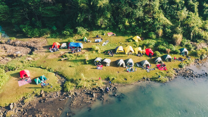 Aerial view of a tourist camp in a picturesque location near the river