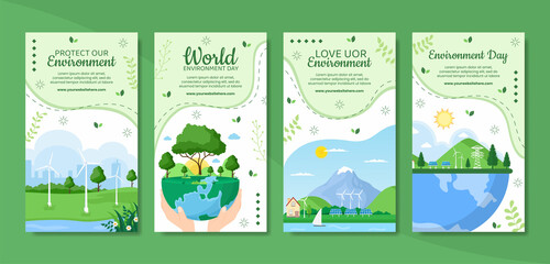 World Environment Day Social Media Stories Template Flat Cartoon Background Vector Illustration
