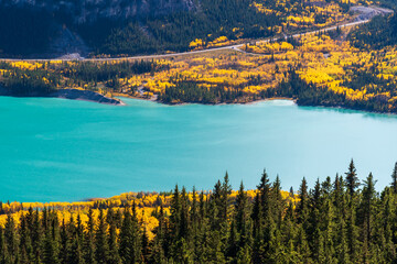 Fall colors and blue lake in Kananaskis in Alberta, Canada 
