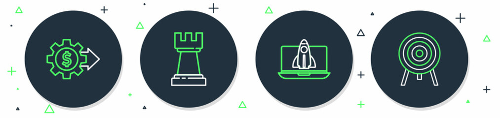 Set line Chess, Startup project concept, Gear with dollar and Target icon. Vector