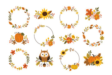Autumn decorative arrangements. Collection of wreaths and cute dividers isolated on white background. Seasonal floral decoration. Vector illustration.