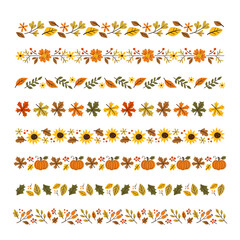 Autumn floral decorative border collection. Seamless borders with fall leaves, seasonal flowers and pumpkins. Isolated elements. Vector illustration.