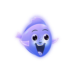A small blue fish with pink fins with neon glow, a children's funny character with a wide smile, kind, mischievous