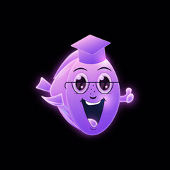 The image of a smart cartoon fish of purple color in a graduate hat and glasses shows a like on a black background. Images of knowledge, learning, success