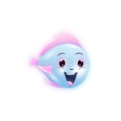 A small blue fish with pink fins with neon glow, a children's funny character with a wide smile, kind, mischievous