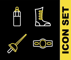 Set line Sport boxing shoes, Boxing belt, Fencing and Punching bag icon. Vector