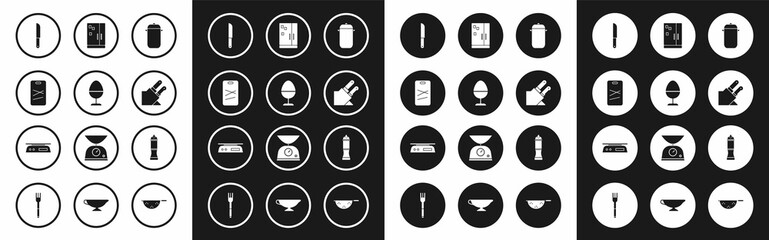 Set Cooking pot, Chicken egg on a stand, Cutting board, Knife, Refrigerator, Pepper and Electronic scales icon. Vector