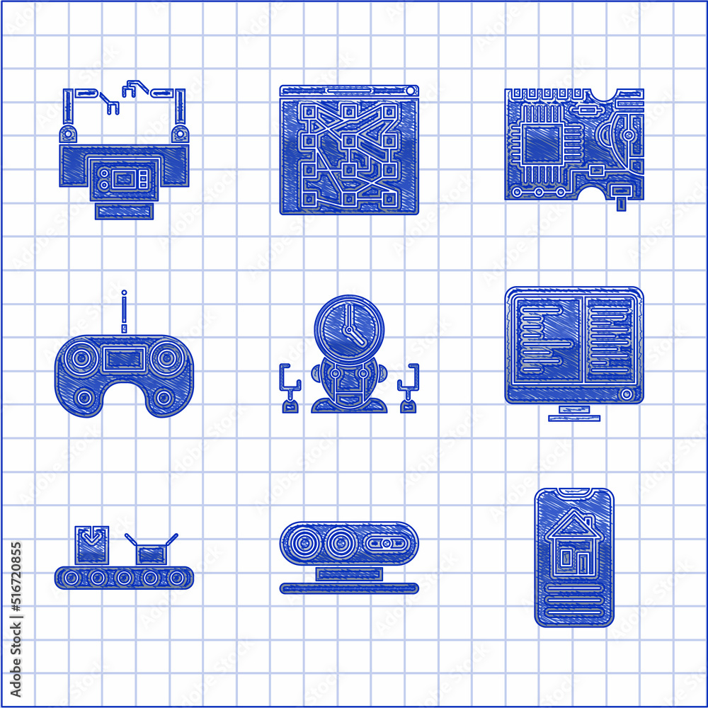 Poster set robot and digital time manager, 3d scanning system, smart home, computer monitor screen, conveyo