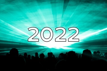 Happy new year 2022 turquoise laser show party people crowd. Luxury entertainment with audience...
