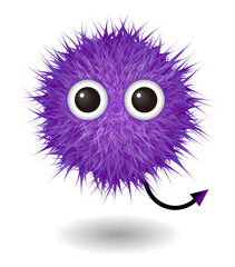 Hairy monster with purple fluffy hair. Vector cute furry ball character.