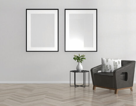 mockup frames on room with a wall and a chair, 3d rendering, illustration