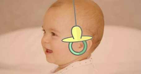 Animation of baby pacifier over happy caucasian happy baby - Powered by Adobe