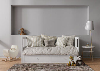 Empty gray wall in modern child room. Mock up interior in scandinavian style. Copy space for your picture or poster. Bed, toys. Cozy room for kids. 3D rendering.