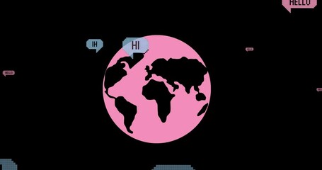 Animation of falling hello text over pink globe on dark background