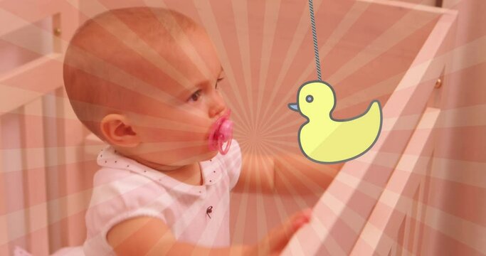 Animation of duck over happy caucasian happy baby
