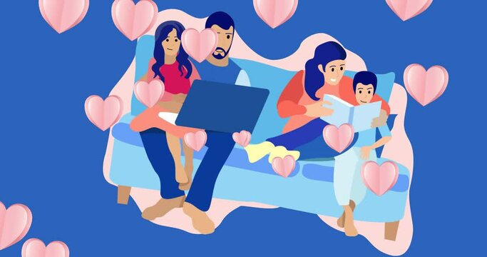 Animation of family using laptop and reading icons and hearts on blue background