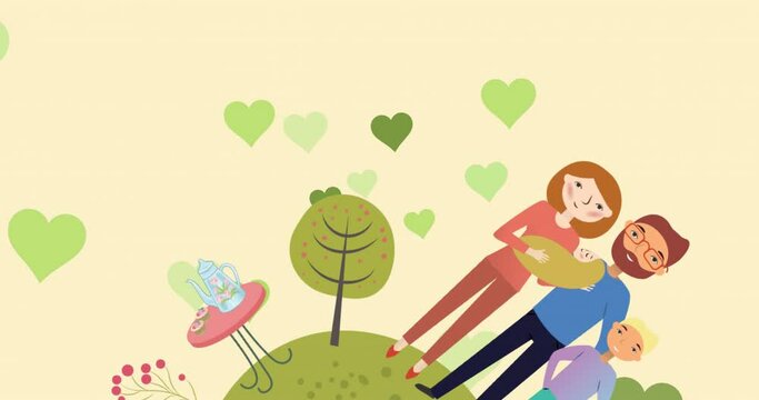 Animation of caucasian parents with baby over yellow background with hearts
