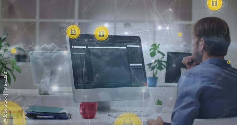 Poster animation of data processing and clouds over caucasian businessman using computer