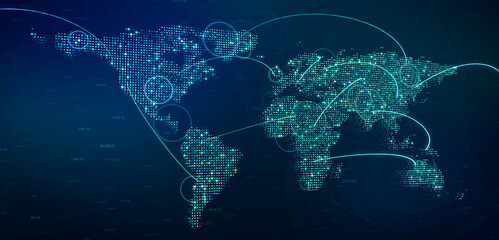 Global internet connection on digital Earth map, modern world data connectivity technology concept, 3d rendering modern worldwide business network online information