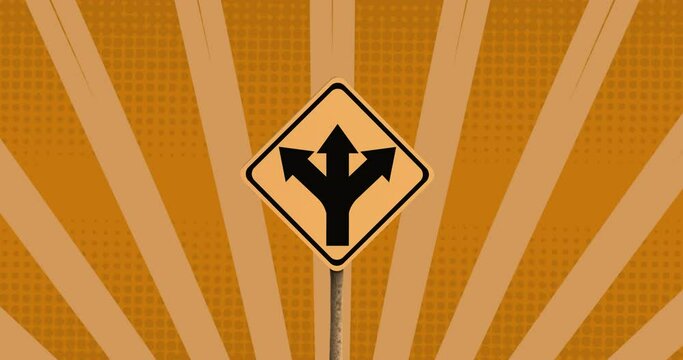 Animation of road sign and shapes on orange background