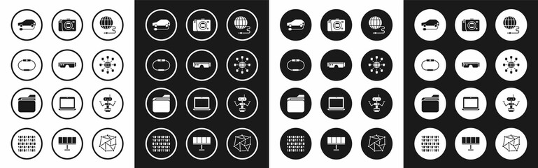 Set Social network, Smart glasses, Smartwatch, Electric car, Mirrorless camera, Robot and Document folder icon. Vector